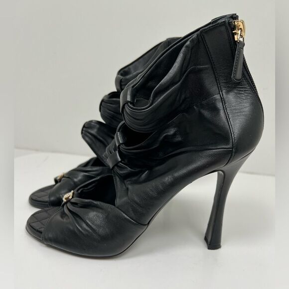 Chanel Ruched Open Toe Leather Camellia Booties Black - Picture 2 of 5